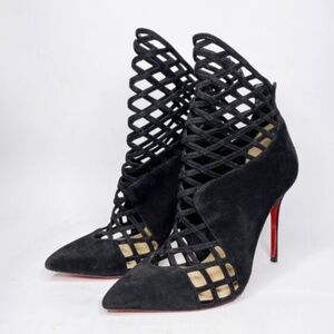 Christian Louboutin Black Suede Mrs Bouglione Cage Ankle